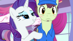 Size: 1920x1080 | Tagged: safe, screencap, package deal, rarity, pony, unicorn, rarity investigates, delivery pony, facial hair, flirting, goatee, lidded eyes