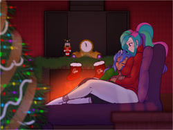 Size: 1365x1024 | Tagged: safe, artist:scorpdk, princess celestia, princess luna, human, big breasts, breast pillow, breasts, christmas, christmas stocking, christmas tree, clothes, eyes closed, female, fireplace, holiday, hug, huge breasts, humanized, lidded eyes, pants, princess breastia, royal sisters, sitting, sleeping, smiling, socks, sweater, tights, tree, turtleneck