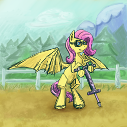 Size: 2448x2448 | Tagged: safe, artist:kingsleyrulz, fluttershy, bat pony, pony, altimeter, bipedal, colored sketch, fence, flutterbat, goggles, pogo stick, solo, spread wings