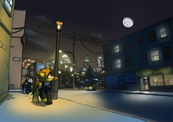 Size: 1061x753 | Tagged: safe, artist:captainhoers, derpibooru import, soarin', spitfire, pegasus, pony, city, female, male, mare, moon, night, snow, stallion, street corner, winter