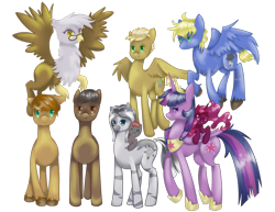 Size: 1000x770 | Tagged: safe, artist:nalenthi, derpibooru import, twilight sparkle, twilight sparkle (alicorn), oc, alicorn, griffon, pony, zebra, filly, foal, glasses, older