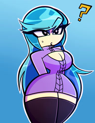 Size: 950x1230 | Tagged: safe, artist:nelljoestar, auntie lofty, human, equestria girls, boob window, breasts, busty auntie lofty, cleavage, clothes, digital art, dress, equestria girls-ified, female, humanized, socks, solo, thigh highs