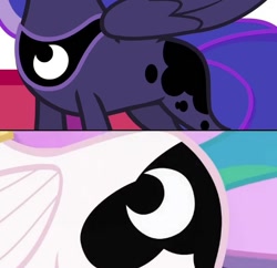 Size: 624x605 | Tagged: safe, screencap, princess celestia, princess luna, alicorn, pony, a royal problem, twilight's kingdom, comparison, cutie mark, inconsistency