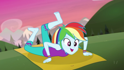 Size: 1280x720 | Tagged: safe, derpibooru import, rainbow dash, better together, choose your own ending, equestria girls, wake up!, wake up!: rainbow dash, barefoot, clothes, cute, dashabetes, feet, feminism, flexible, geode of super speed, horse on a bike, magical geodes, pants, pose, sleeveless, solo, tanktop, yoga, yoga mat, yoga pants, yoga pose