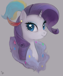 Size: 711x862 | Tagged: safe, artist:ehfa, rarity, pony, unicorn, bust, ear piercing, earring, feather, feather boa, female, gray background, jewelry, looking at you, mare, piercing, plume, portrait, simple background, solo