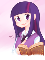 Size: 600x800 | Tagged: safe, artist:gyaheung, derpibooru import, twilight sparkle, human, book, humanized, necktie, solo