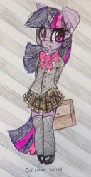 Size: 655x1280 | Tagged: safe, artist:grayflower, derpibooru import, twilight sparkle, clothes, lined paper, school uniform, schoolgirl, solo, traditional art