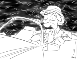 Size: 1280x989 | Tagged: safe, artist:megasweet, granny smith, aura, car, clothes, crossover, dark background, driving, empty eyes, fear and loathing in las vegas, hat, monochrome, rain, shirt, smoking, solo