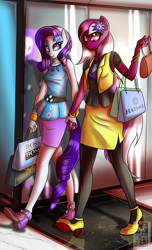 Size: 1700x2800 | Tagged: safe, artist:elmutanto, rarity, oc, anthro, anthro oc, canon x oc, clothes, commission, female, high heels, holding hands, mare, missing horn, qr code, shoes, shopping, shopping bags, smiling, walking