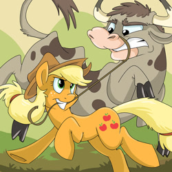 Size: 1000x1000 | Tagged: safe, artist:spainfischer, applejack, bull, cow, earth pony, pony, cloven hooves, cowboy hat, female, hat, lasso, male, mare, rope