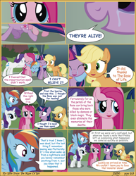 Size: 2550x3300 | Tagged: safe, artist:j5a4, derpibooru import, applejack, pinkie pie, rainbow dash, rarity, twilight sparkle, earth pony, pegasus, pony, unicorn, comic:the rose of life, comic, crying, eyes closed, female, mare, pinkamena diane pie, tears of joy