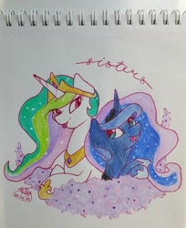 Size: 2660x3267 | Tagged: safe, artist:puffysmosh, princess celestia, princess luna, alicorn, pony, alicorns only, duo, duo female, female, mare, raspberry, tongue out, traditional art