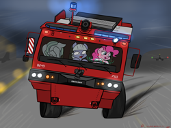 Size: 4000x3000 | Tagged: safe, artist:orang111, limestone pie, marble pie, pinkie pie, earth pony, pony, drift, fire engine, hud, korean, oshkosh p-19, this will end in tears, truck, vehicle