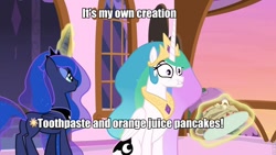 Size: 960x540 | Tagged: safe, edit, edited screencap, screencap, princess celestia, princess luna, alicorn, pony, a royal problem, face, faic, food, image macro, juice, meme, orange juice, pancakes, pure unfiltered evil, swapped cutie marks, this will end in tears and/or a journey to the moon, toothpaste