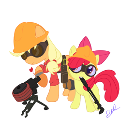 Size: 900x900 | Tagged: dead source, safe, artist:sirradical, apple bloom, applejack, earth pony, pony, adorabloom, crossover, cute, engie bloom, engiejack, engineer, female, filly, goggles, helmet, jackabetes, mare, sibling bonding, simple background, sisters, team fortress 2, white background, wrench