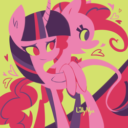 Size: 900x900 | Tagged: safe, artist:lillynya, derpibooru import, pinkie pie, twilight sparkle, twilight sparkle (alicorn), alicorn, classical unicorn, earth pony, pony, female, leonine tail, lesbian, limited palette, mare, shipping, twinkie