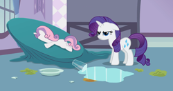 Size: 1230x647 | Tagged: safe, screencap, rarity, sweetie belle, pony, unicorn, sisterhooves social, annoyed, duo, duo female, female, filly, floppy ears, foal, mare, sisters