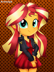 Size: 1800x2400 | Tagged: safe, artist:artmlpk, sunset shimmer, equestria girls, blushing, clothes, cute, design, digital art, dress, female, jacket, leather jacket, looking at you, outfit, red dress, shimmerbetes, smiling at you, solo