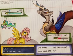 Size: 1024x784 | Tagged: dead source, safe, artist:keanuvyfoxy09, discord, fluttershy, princess celestia, alicorn, pegasus, pony, ..., :t, lined paper, pokémon, smiling, smirk, traditional art