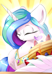 Size: 2480x3507 | Tagged: safe, artist:madacon, princess celestia, alicorn, pony, a royal problem, blueberry, cheerful, cute, cutelestia, eyes closed, female, food, kind, mare, multicolored mane, pancakes, peytral, scene interpretation, smiling, solo, strawberry, whipped cream, wing hands, wings