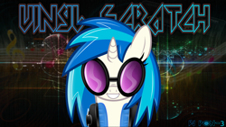 Size: 1920x1080 | Tagged: safe, artist:redlionxdarkheart, derpibooru import, dj pon-3, vinyl scratch, pony, unicorn, female, headphones, horn, mare, smiling, solo, sunglasses, teeth, text, vector, wallpaper