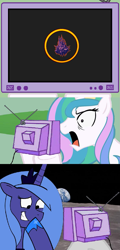 Size: 675x1410 | Tagged: safe, edit, editor:mugen kagemaru, princess celestia, princess luna, alicorn, pony, 2012, castle, castlevania, castlevania: aria of sorrow, eclipse, exploitable meme, meme, ponibooru leftovers, solar eclipse, tv meme