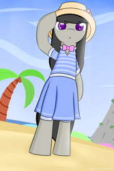 Size: 2000x3000 | Tagged: safe, artist:erthilo, octavia melody, earth pony, pony, beach, bipedal, clothes, hat, skirt, solo