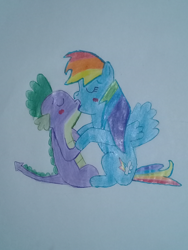 Size: 2448x3264 | Tagged: artist needed, safe, derpibooru import, rainbow dash, spike, dragon, pegasus, pony, female, kissing, male, rainbowspike, shipping, straight, traditional art