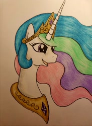 Size: 1442x1974 | Tagged: safe, artist:emberpon3, princess celestia, alicorn, pony, bust, crown, jewelry, peytral, portrait, regalia, simple background, solo, traditional art, white background