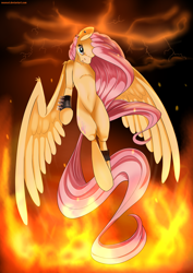 Size: 1024x1448 | Tagged: safe, artist:neoncel, fluttershy, pegasus, pony, fire, flying, lightning, looking at you, metal, solo