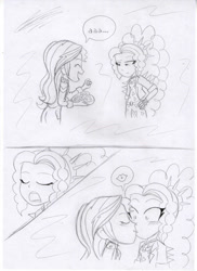 Size: 1280x1762 | Tagged: safe, artist:crock2121, adagio dazzle, sunset shimmer, equestria girls, blushing, chocolate, comic, duo, female, food, kissing, lesbian, shipping, sunsagio, surprise kiss, traditional art