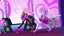 Size: 1600x900 | Tagged: safe, screencap, kiwi lollipop, pinkie pie, sunset shimmer, supernova zap, better together, equestria girls, sunset's backstage pass!, k-lo, music festival outfit, postcrush, su-z