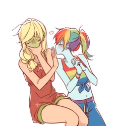 Size: 1300x1400 | Tagged: safe, artist:dcon, derpibooru import, applejack, rainbow dash, better together, equestria girls, spring breakdown, appledash, belly button, eyes closed, female, heart, legs, lesbian, seasickness, shipping, sleeveless