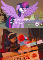 Size: 425x597 | Tagged: safe, derpibooru import, screencap, twilight sparkle, twilight sparkle (alicorn), alicorn, pony, twilight's kingdom, bad cop, exploitable meme, female, hub logo, lego, mare, meme, the lego movie, who destroyed twilight's home