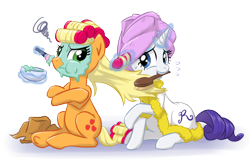 Size: 970x630 | Tagged: safe, artist:ta-na, applejack, rarity, earth pony, pony, unicorn, bathrobe, brush, clothes, hair curlers, magic, mouth hold, mud mask, robe, simple background, telekinesis, towel, towel on head, transparent background, underhoof