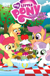 Size: 593x900 | Tagged: safe, artist:marybellamy, idw, apple bloom, applejack, scootaloo, sweetie belle, earth pony, pony, apple, blushing, comic cover, cover, cutie mark crusaders, ice cream, terrified, tongue out