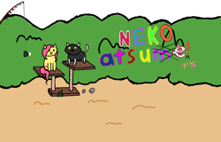 Size: 1280x817 | Tagged: safe, artist:the claud, fluttershy, cat, pegasus, pony, ambiguous species, behaving like a cat, bush, camera, crossover, cute, fishing rod, implied mind control, neko atsume, pun, scratches, socks (cat), style emulation