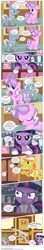 Size: 3381x19146 | Tagged: safe, artist:perfectblue97, carrot cake, diamond tiara, princess celestia, silver spoon, spike, twilight sparkle, alicorn, dragon, earth pony, pony, comic:without magic, absurd resolution, bandaid, bathroom, bender bending rodriguez, bite my shiny metal ass, blank flank, candy, clothes, comic, earth pony twilight, female, food, futurama, implied diarrhea, implied pooping, male, mare, poster, sugarcube corner