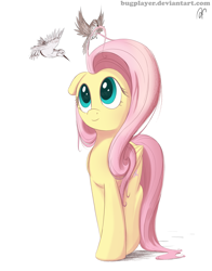 Size: 2200x2800 | Tagged: safe, artist:bugplayer, fluttershy, bird, pegasus, pony, bugplayer is trying to murder us, colored pupils, cute, female, flying, folded wings, looking up, mare, shadow, shyabetes, signature, simple background, smiling, solo, spread wings, walking, white background