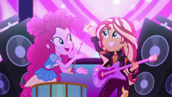 Size: 1600x900 | Tagged: safe, screencap, pinkie pie, sunset shimmer, better together, equestria girls, sunset's backstage pass!, guitar, music festival outfit, musical instrument