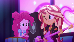 Size: 1600x900 | Tagged: safe, screencap, pinkie pie, sunset shimmer, better together, equestria girls, sunset's backstage pass!, geode of sugar bombs, guitar, magical geodes, music festival outfit, musical instrument, one eye closed, wink