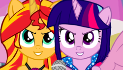 Size: 1400x800 | Tagged: safe, artist:katya, edit, edited screencap, editor:katya, screencap, sunset shimmer, twilight sparkle, twilight sparkle (alicorn), alicorn, pony, equestria girls, rainbow rocks, clothes, dress, ponified, singing