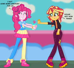 Size: 1174x1080 | Tagged: safe, artist:grapefruitface1, derpibooru exclusive, pinkie pie, sunset shimmer, better together, equestria girls, sunset's backstage pass!, desperation, drink, juice, lemonade, music festival outfit, need to pee, omorashi, potty emergency, potty time