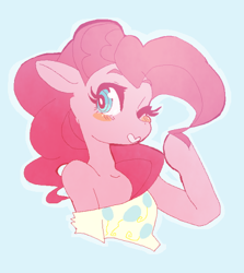 Size: 496x556 | Tagged: safe, artist:xiaoxinge, pinkie pie, earth pony, pony, semi-anthro, blue background, blushing, bust, clothes, cute, diapinkes, female, off shoulder, simple background, solo, wink