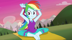 Size: 1280x720 | Tagged: safe, derpibooru import, screencap, rainbow dash, better together, choose your own ending, equestria girls, wake up!, wake up!: rainbow dash, armpits, barefoot, clothes, cute, dashabetes, feet, female, flexible, geode of super speed, looking at you, magical geodes, pants, smiling, solo, yoga, yoga mat, yoga pants