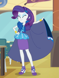 Size: 513x669 | Tagged: safe, rarity, best trends forever: twilight sparkle, better together, equestria girls, ^^, belt, bracelet, cape, choose twilight sparkle, clothes, cropped, cute, cutie mark on clothes, dramatic cape, eyes closed, eyeshadow, frilly design, geode of shielding, gold, hairpin, high heels, jewelry, makeup, pencil skirt, pendant, rarity peplum dress, shoes, sleeveless, sleeveless tank top, solo