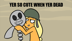 Size: 1920x1080 | Tagged: safe, artist:alex di stasi, applejack, earth pony, pony, friendship is witchcraft, caption, dark comedy, dead, flirting, helmet, how applejack won the war, image macro, imminent necrophilia, meme, morbid, skeleton, smiling, soldierjack, the war, war, youtube link