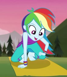 Size: 630x715 | Tagged: safe, derpibooru import, screencap, rainbow dash, better together, choose your own ending, equestria girls, wake up!, wake up!: rainbow dash, clothes, cropped, cute, dashabetes, feet, female, pants, solo, yoga, yoga mat, yoga pants