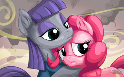 Size: 2560x1600 | Tagged: safe, artist:mysticalpha, maud pie, pinkie pie, earth pony, pony, frown, hug, scene interpretation