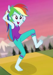 Size: 507x715 | Tagged: safe, derpibooru import, screencap, rainbow dash, better together, choose your own ending, equestria girls, wake up!, wake up!: rainbow dash, barefoot, clothes, cropped, cute, dashabetes, feet, geode of super speed, magical geodes, pants, solo, tanktop, yoga, yoga mat, yoga pants